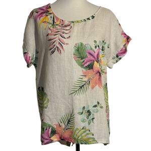 Terzo Millenio linen floral print high low short sleeve top Sz M
